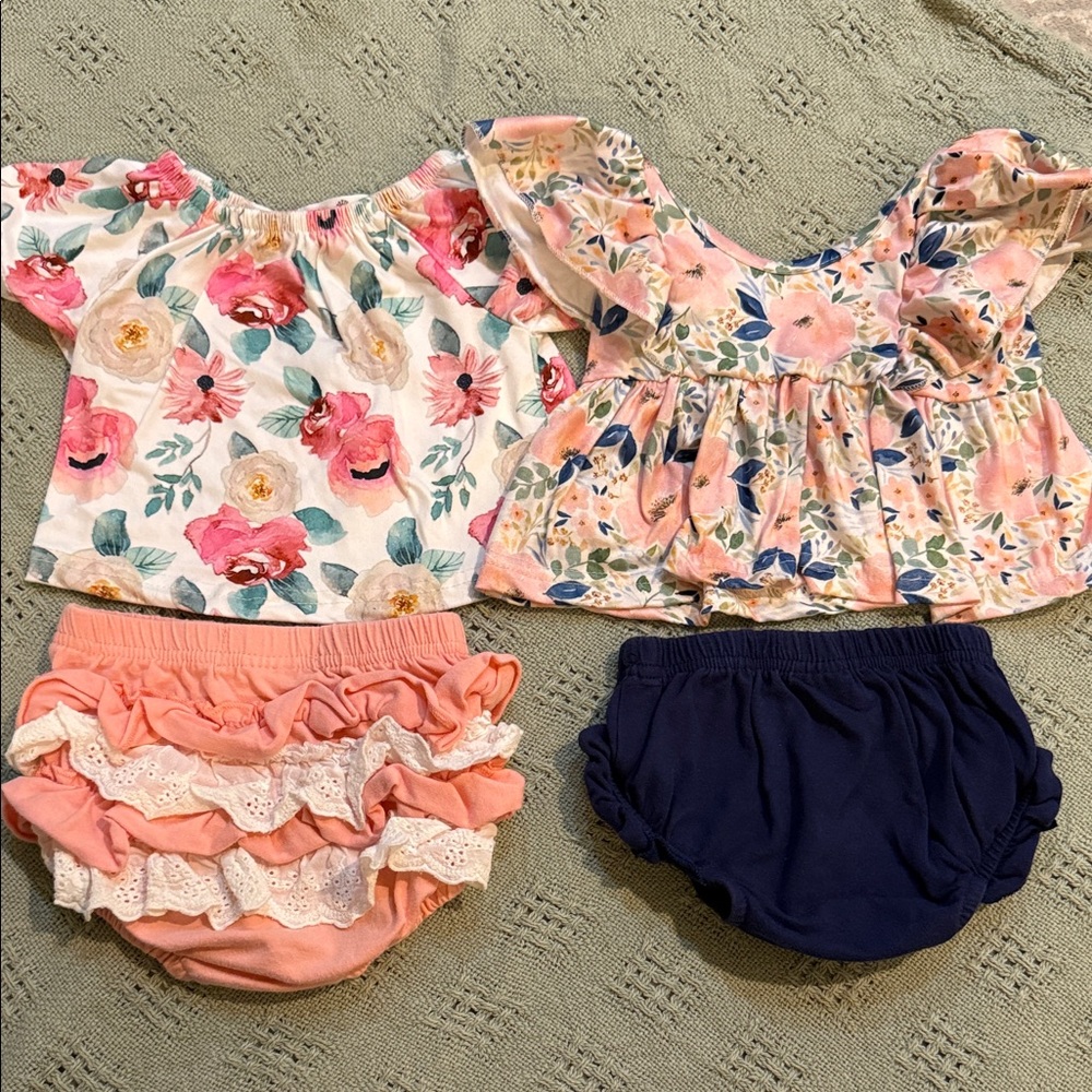 Twin set Girls Floral Top and Ruffle Bloomers Set - Pink, Navy